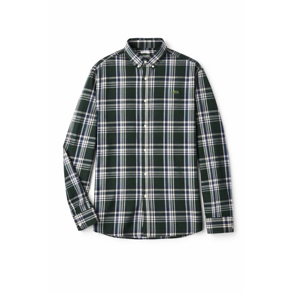 Lacoste Mens Regular Fit Plaid Button Down Shirt Green Blue‎ White XL